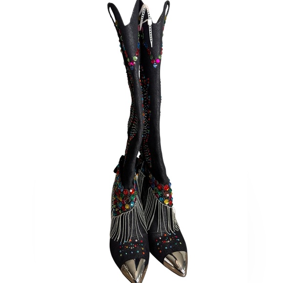 Gianni Bini Kaitrin Rainbow Rhinestone Fringe Bandana Boots Black Denim SZ 8 - Picture 3 of 11